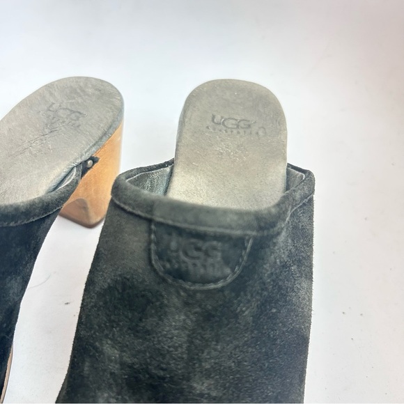 UGG Abbie Black Suede Mule Clog Sz 8 Wood Heel Studded Sherpa Lined Boho - Picture 5 of 11